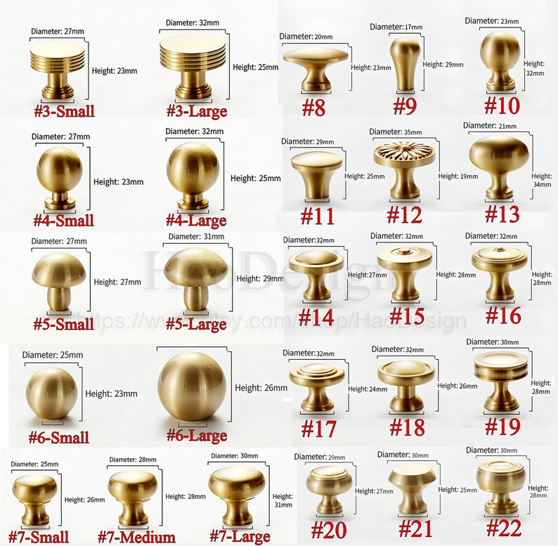 May include: A collection of brass cabinet knobs in various designs and sizes. The image displays knobs with different shapes, including round, mushroom, and cylindrical styles. Each knob is labeled with a number and size, with measurements in millimeters and inches.