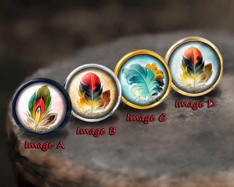 Op de afbeelding: Vier ronde glazen cabochons met gouden en zilveren instellingen, elk met een ander aquarel schilderij van een kleurrijke veer.