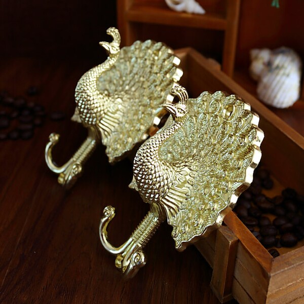 Antique Solid Brass Peacock Coat Hook – Rustic Bronze, Handmade Mid Century Modern Style