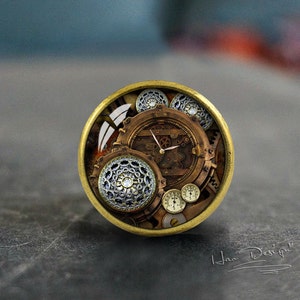 Puede incluir: Un pomo redondo de color latón con un diseño steampunk. El pomo presenta una esfera de reloj con engranajes y otros detalles intrincados.