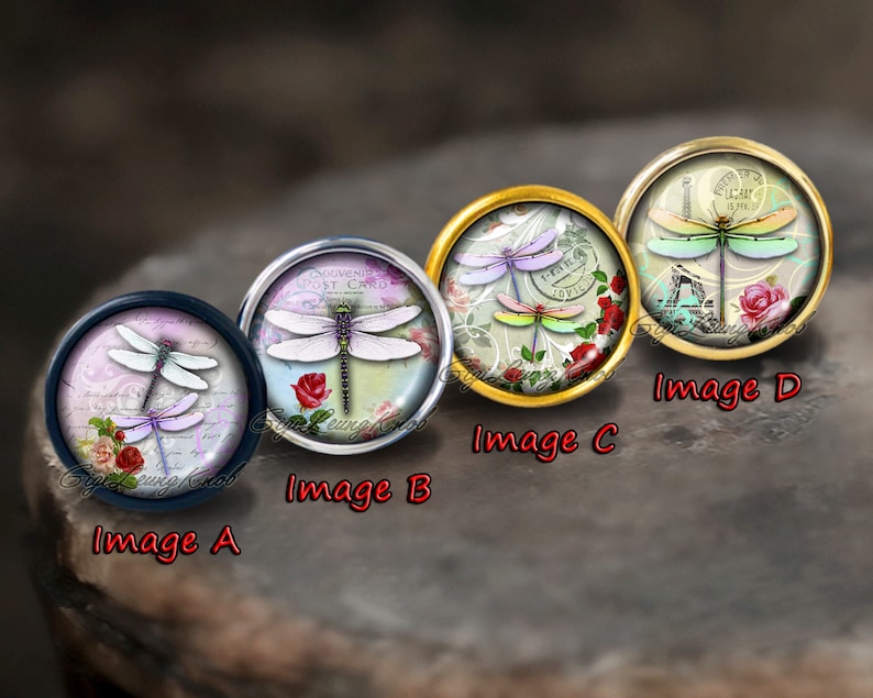 Puede incluir: Cuatro cabujones redondos de vidrio con diferentes dise&ntilde;os de lib&eacute;lulas. Cada cabuj&oacute;n est&aacute; engastado en un marco de metal de un color diferente: plata, oro, oro y lat&oacute;n. Los cabujones presentan dise&ntilde;os de inspiraci&oacute;n vintage con acentos florales y texto.