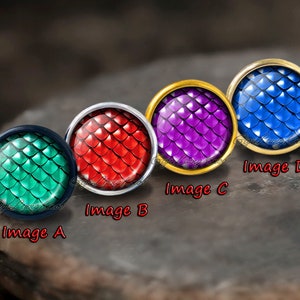 Op de afbeelding: Vier ronde knoppen met schubben in verschillende kleuren. De knoppen zijn gelabeld met Image A, Image B, Image C en Image D.