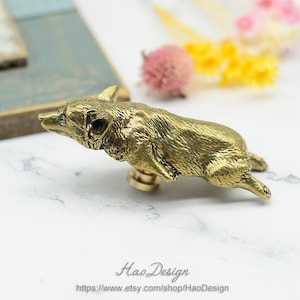May include: A gold-toned metal cabinet knob shaped like a dog, lying on its side. The knob has a detailed design and a smooth finish.