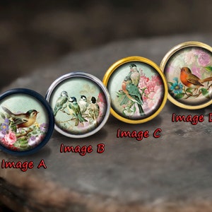 以下が含まれることがあります： 金属製のフレームが付いた、丸い装飾的なガラスのようなボタンが4つあります。各ボタンには、鳥と花が異なる画像が描かれています。ボタンには、画像A、画像B、画像C、画像Dというラベルが付けられています。