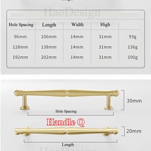 Puede incluir: Tiradores dorados para armarios, etiquetados como 'Handle P' y 'Handle Q', con dimensiones y detalles de espaciado de agujeros. 'Handle P' tiene una altura de 31mm y un ancho de 14mm. 'Handle Q' tiene una altura de 30mm y un ancho de 20mm. La imagen incluye una tabla con medidas.