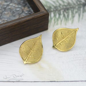 K&ouml;nnte beinhalten: Ein Paar goldene Ohrringe in Blattform. Die Ohrringe sind texturiert und haben ein zartes Design.