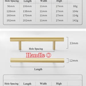 Puede incluir: Herrajes dorados para armarios, que incluyen tiradores de barra y pomos en T. La imagen muestra las dimensiones para la distancia entre agujeros, la longitud, el ancho y la altura. La manija N tiene 27 mm de alto y 11 mm de ancho. La manija O tiene 33 mm de alto y 12 mm de ancho.