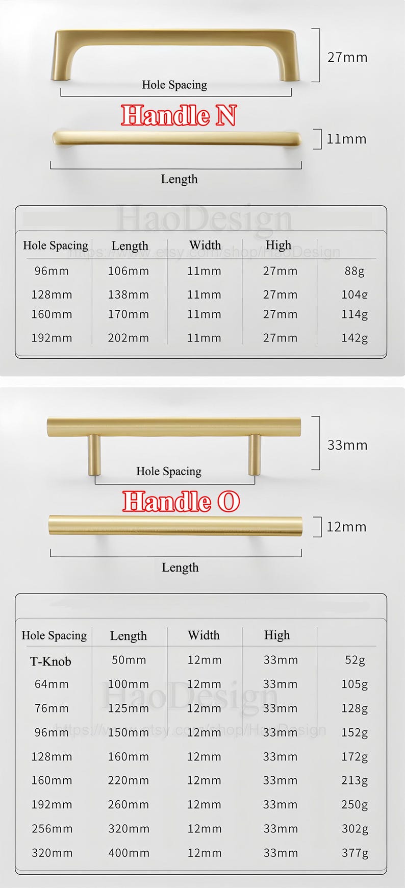 Puede incluir: Herrajes dorados para armarios, que incluyen tiradores de barra y pomos en T. La imagen muestra las dimensiones para la distancia entre agujeros, la longitud, el ancho y la altura. La manija N tiene 27 mm de alto y 11 mm de ancho. La manija O tiene 33 mm de alto y 12 mm de ancho.