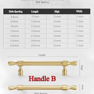May include: Gold-toned cabinet handles, labeled "Handle A" and "Handle B," with detailed measurements for hole spacing, length, height, and width. The image includes tables with dimensions in millimeters, showcasing various sizes.