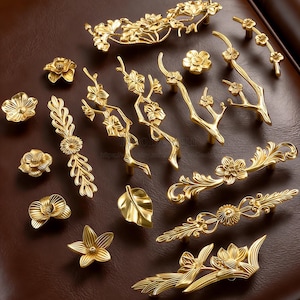 Manijas de ramas de latón, manijas de cajón con flores, perillas con flores, manijas de latón, tiradores de cajón, perillas de puerta, perillas, tiradores de cajón, manijas, herrajes para gabinetes