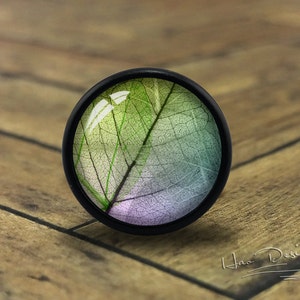 May include: A black knob with a round, clear glass insert featuring a pressed leaf with green, purple, and white hues.