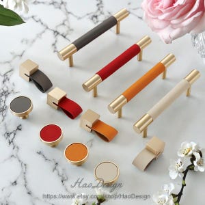 Handmade leather Solid Brass handles pulls Knobs Dresser Wardrobe drawer Cabinet pull handles Kitchens Cupboards Dressers Handles H264