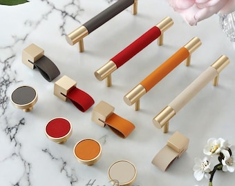 Handmade leather Solid Brass handles pulls Knobs Dresser Wardrobe drawer Cabinet pull handles Kitchens Cupboards Dressers Handles H264