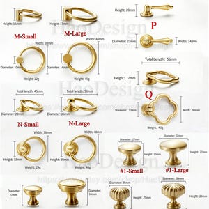 May include: A collection of brass cabinet hardware, including ring pulls, knobs, and handles. Measurements are provided in inches and grams. Styles include M-Small, M-Large, N-Small, N-Large, O-Small, O-Large, and designs labeled P and Q.