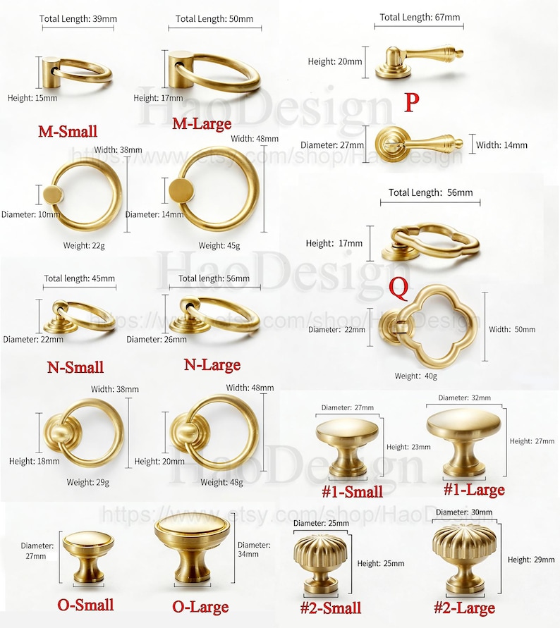 May include: A collection of brass cabinet hardware, including ring pulls, knobs, and handles. Measurements are provided in inches and grams. Styles include M-Small, M-Large, N-Small, N-Large, O-Small, O-Large, and designs labeled P and Q.