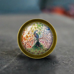 May include: A round, gold-colored knob with a colorful peacock design. The peacock is depicted standing on a tree with its tail feathers spread out in a fan shape. The design is surrounded by a gold-colored frame.