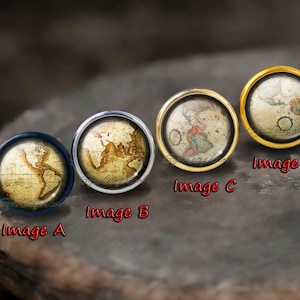 May include: Four round, vintage-style map cufflinks with gold and silver settings. The maps are in shades of brown, yellow, and red. The cufflinks are labelled Image A, Image B, Image C, and Image D.