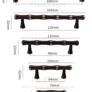 May include: A collection of bronze-colored bamboo-style cabinet pulls in various sizes. The pulls range from 64mm to 196mm in length, with a consistent height of 32mm. The image includes measurements and the Etsy shop URL.