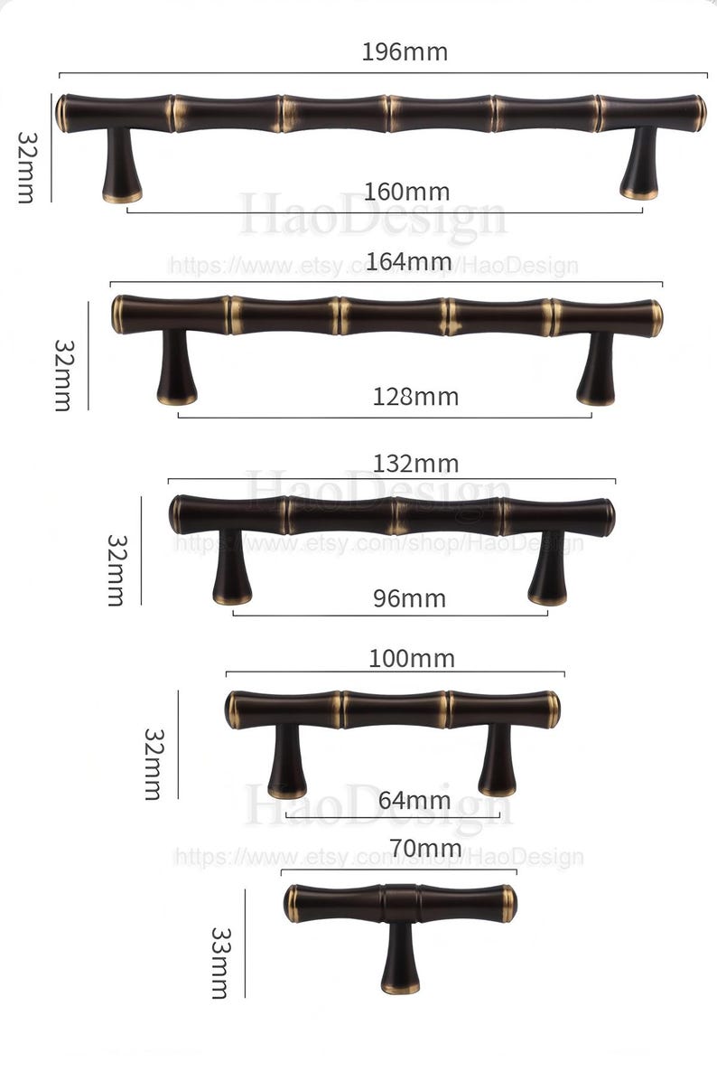May include: A collection of bronze-colored bamboo-style cabinet pulls in various sizes. The pulls range from 64mm to 196mm in length, with a consistent height of 32mm. The image includes measurements and the Etsy shop URL.