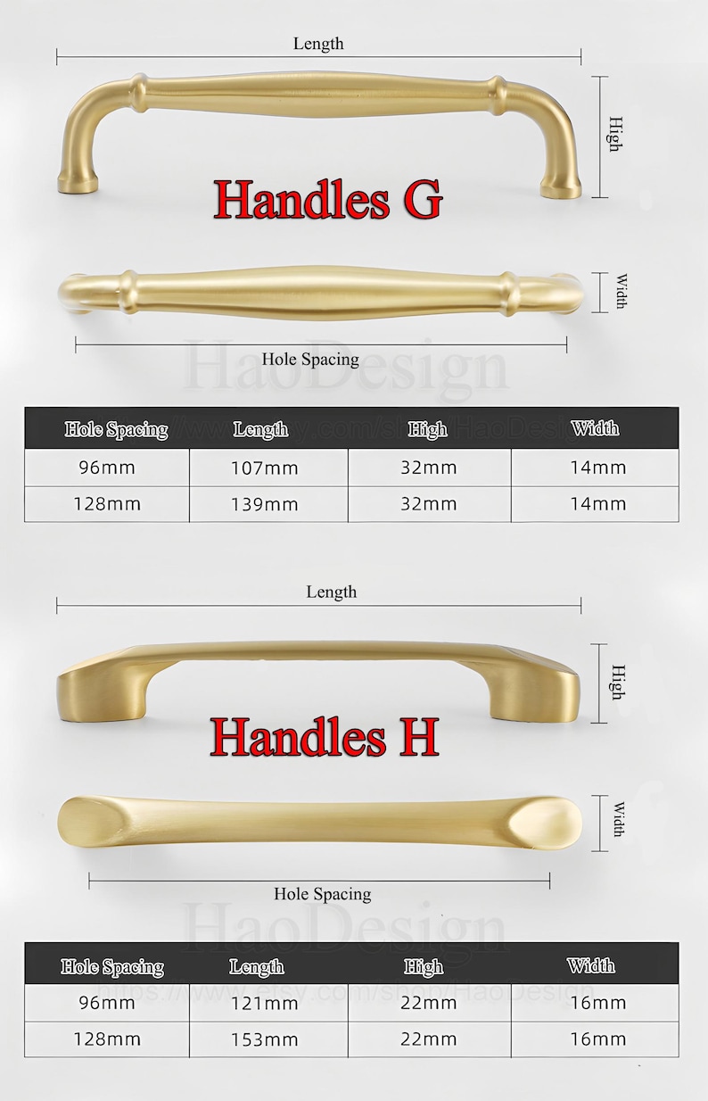 May include: Gold-toned cabinet handles, labeled "Handles G" and "Handles H", with dimensions provided. "Handles G" has lengths of 107mm and 139mm, while "Handles H" has lengths of 121mm and 153mm. The image includes measurements for hole spacing, height, and width.