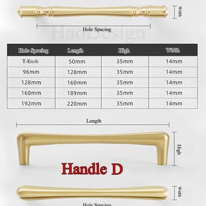 May include: Gold-toned cabinet handles, labeled "Handle C" and "Handle D," with dimensions in millimeters. The image includes a table detailing hole spacing, length, height, and width for each handle style. The handles are designed for furniture.