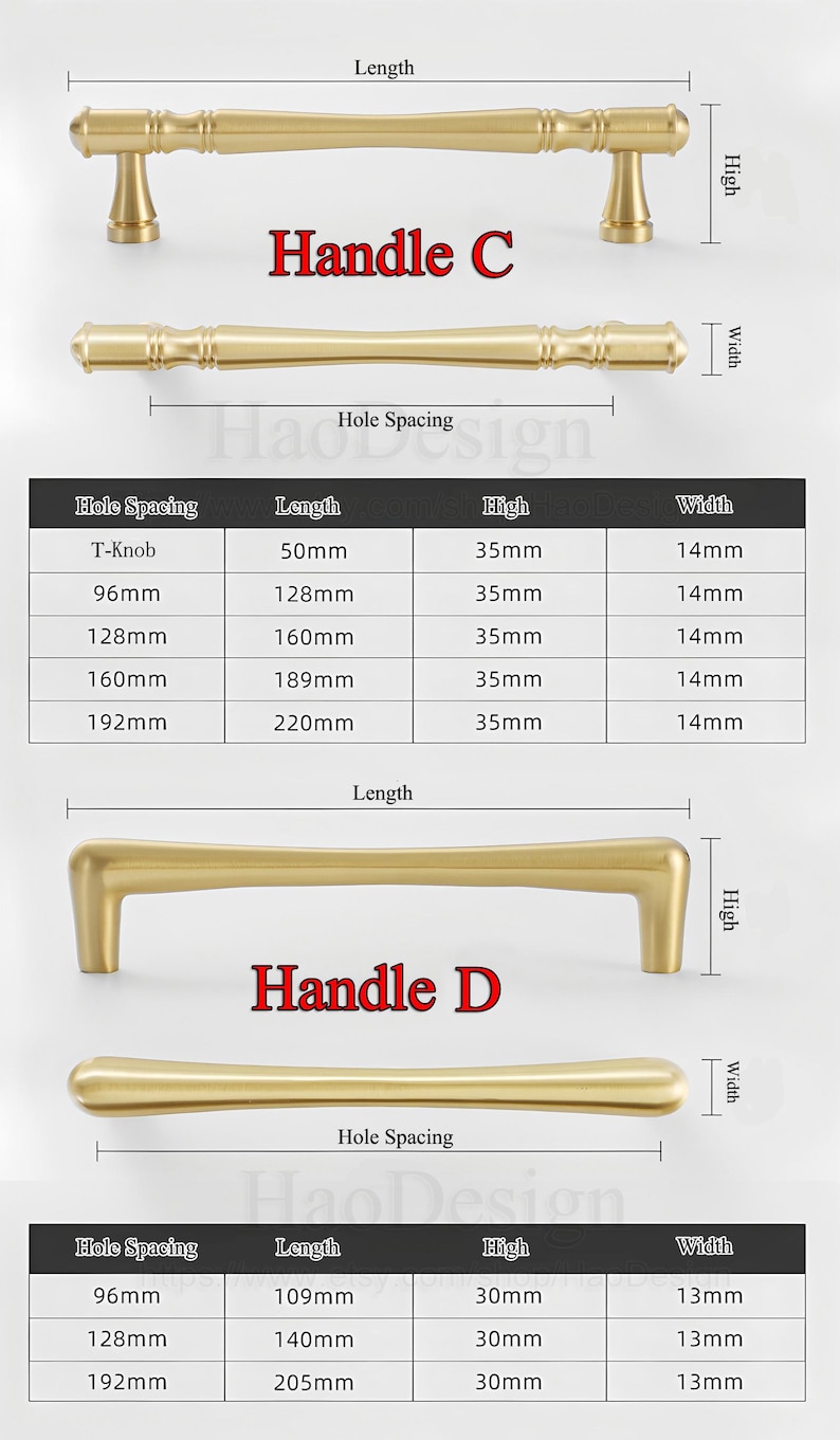 May include: Gold-toned cabinet handles, labeled "Handle C" and "Handle D," with dimensions in millimeters. The image includes a table detailing hole spacing, length, height, and width for each handle style. The handles are designed for furniture.