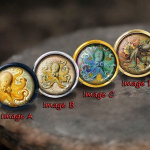 May include: Four round, decorative, glass cabochons with images of octopuses. The cabochons are set in metal frames. The octopuses are depicted in different colours and styles. The cabochons are labelled A, B, C, and D.