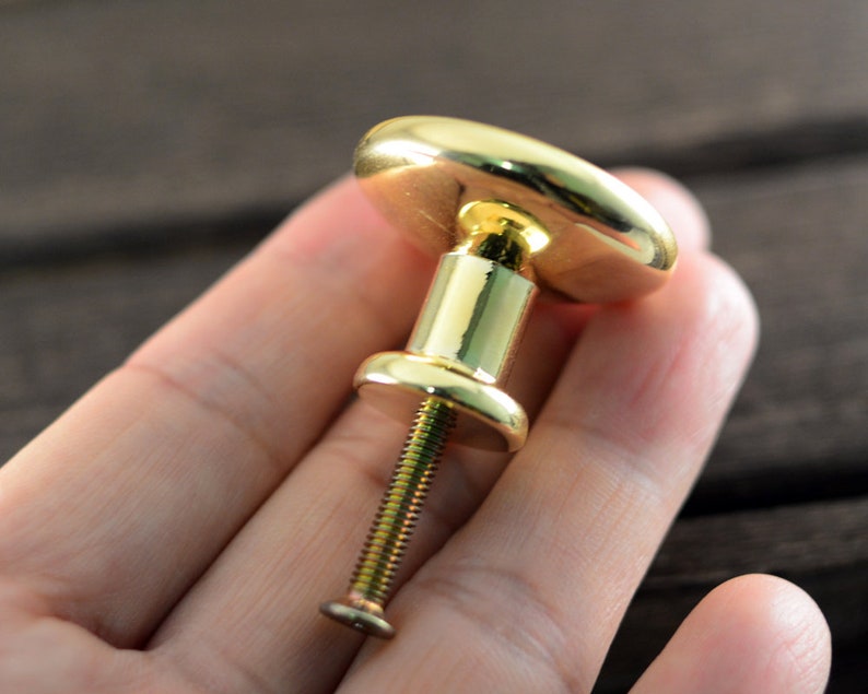 May include: A gold-toned cabinet knob with a round, slightly oval-shaped top and a threaded screw. The knob is held in a hand.