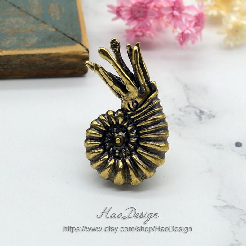 May include: A gold-toned metal ammonite fossil with intricate details. The fossil is a spiral shape with a textured surface. The fossil is a popular decorative item for homes and offices.