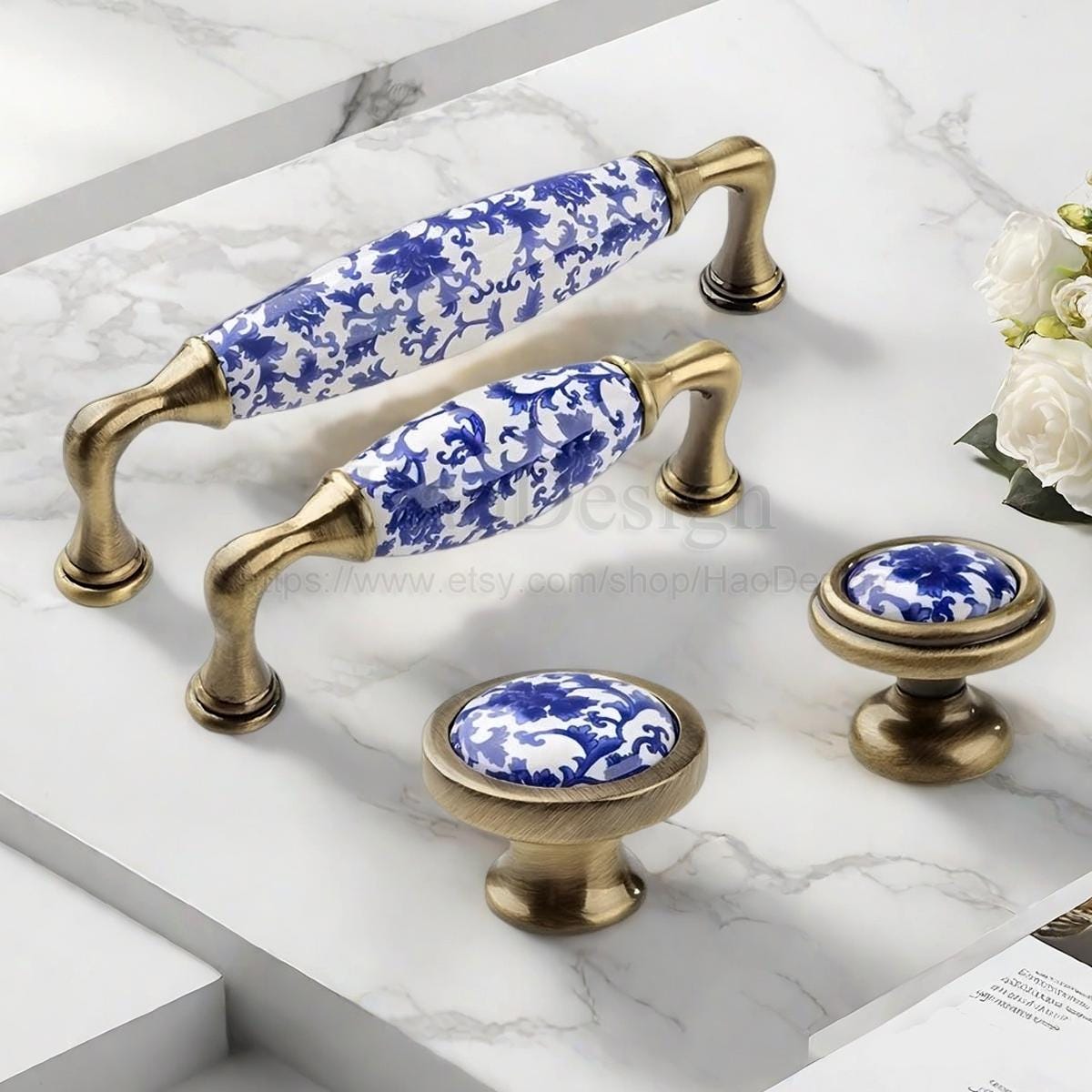 Vintage Ceramic Brass Drawer Pulls Antique Blue and White Cabinet ...