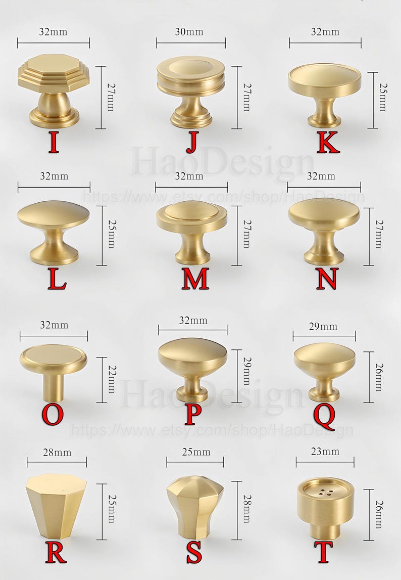 May include: A collection of gold-toned cabinet knobs in various designs. Each knob is labeled with a letter and has dimensions in millimeters and inches. The knobs include geometric, rounded, and cylindrical shapes, suitable for furniture hardware.