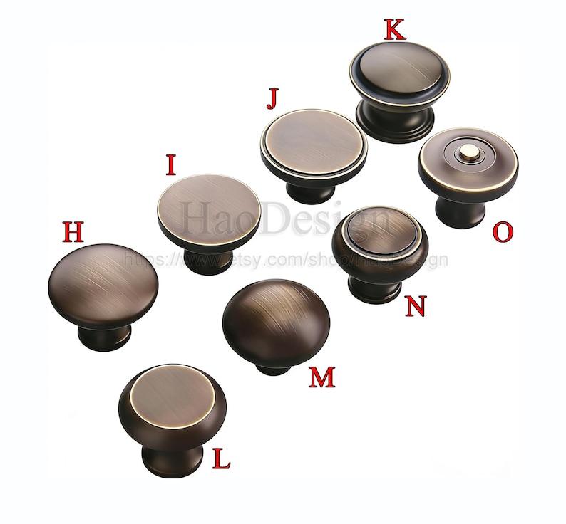 May include: A selection of bronze cabinet knobs in different styles. The knobs have a metallic finish and include round, flat, and domed shapes. Some knobs have a decorative edge or a raised centre. The image includes the text "HaoDesign".