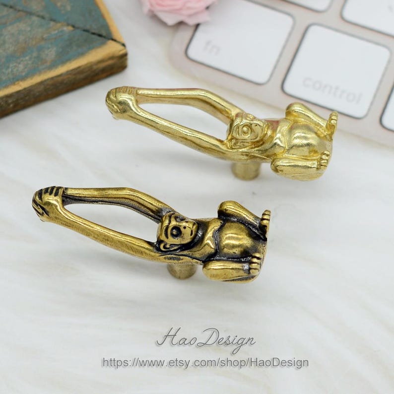 K&ouml;nnte beinhalten: Zwei goldene, affenf&ouml;rmige Schrankt&uuml;rgriffe. Die Affen halten sich an einer Metallstange fest. Die Griffe sind scharf und der Hintergrund ist verschwommen.