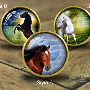 Op de afbeelding: Drie verschillende stijlen van decoratieve kastknoppen met een paardenontwerp. De knoppen zijn rond en hebben een messing afwerking. De eerste knop heeft een bruin paard met een witte ster op zijn voorhoofd. De tweede knop heeft een zwart paard dat op zijn achterpoten staat. De derde knop heeft een wit paard met een groene achtergrond.