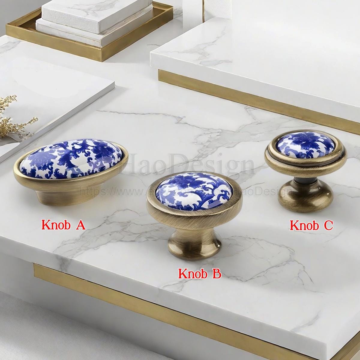 Vintage Ceramic Brass Drawer Pulls Antique Blue and White Cabinet ...