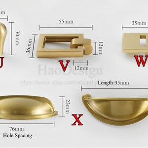 May include: A collection of brass cabinet hardware, including a knob (17mm x 30mm), a square pull (55mm x 36mm), a rectangular latch (35mm x 10mm), a cup pull (76mm hole spacing), and a bin pull (95mm length).