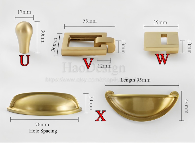 May include: A collection of brass cabinet hardware, including a knob (17mm x 30mm), a square pull (55mm x 36mm), a rectangular latch (35mm x 10mm), a cup pull (76mm hole spacing), and a bin pull (95mm length).