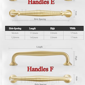 May include: Gold-toned cabinet handles, labeled 'Handles E' and 'Handles F', with dimensions provided in millimeters. 'Handles E' has lengths of 113mm and 145mm, while 'Handles F' has lengths of 116mm and 148mm. The image includes hole spacing, height, and width measurements.