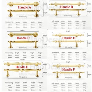 May include: A product display featuring six brass-toned cabinet handles, each with varying lengths and hole spacing. Dimensions and weights are provided for each handle style, labeled A through F. Ideal for cabinet hardware.