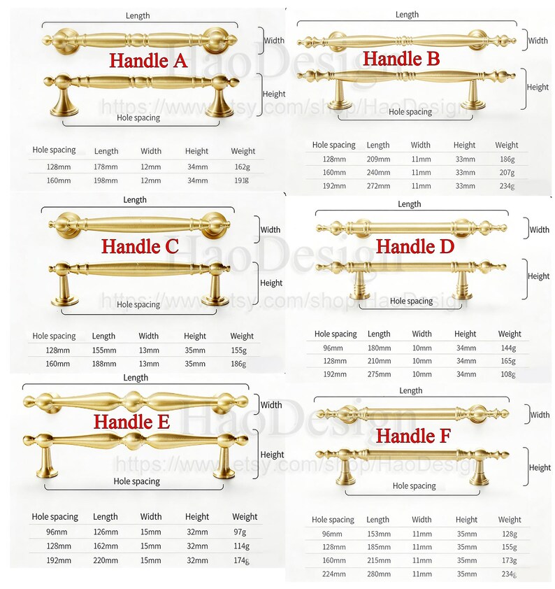 May include: A product display featuring six brass-toned cabinet handles, each with varying lengths and hole spacing. Dimensions and weights are provided for each handle style, labeled A through F. Ideal for cabinet hardware.