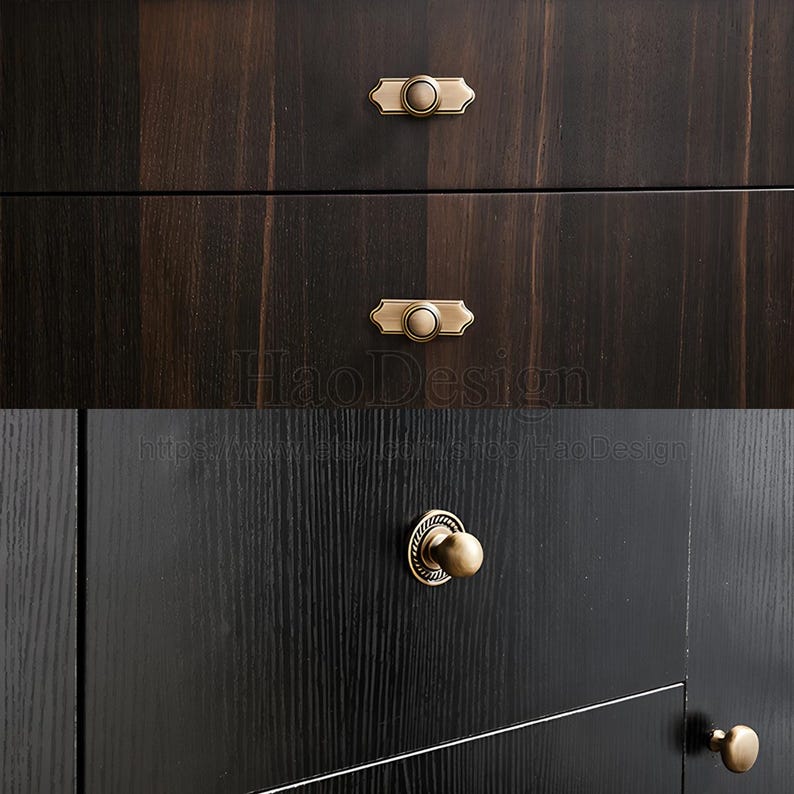 May include: Close-up of dark wood cabinet doors with antique brass hardware. The top two drawers have rectangular pulls with a circular center, while the bottom door features a round knob. The text "HaoDesign" is visible.
