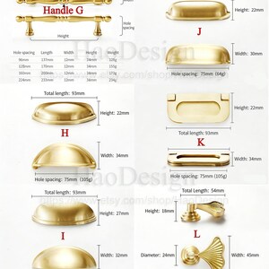 May include: A collection of brass-toned cabinet hardware, including handles and pulls. The image displays various styles, such as bar pulls, cup pulls, and knobs, with measurements in millimeters. The hardware is designed for furniture and cabinetry.