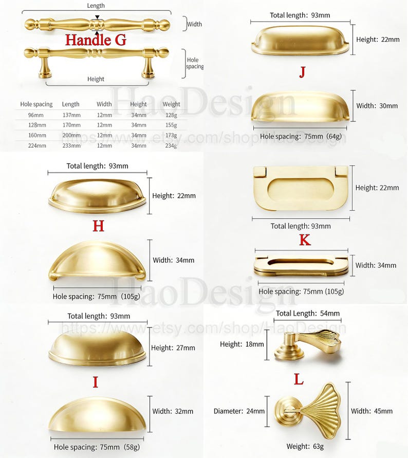 May include: A collection of brass-toned cabinet hardware, including handles and pulls. The image displays various styles, such as bar pulls, cup pulls, and knobs, with measurements in millimeters. The hardware is designed for furniture and cabinetry.