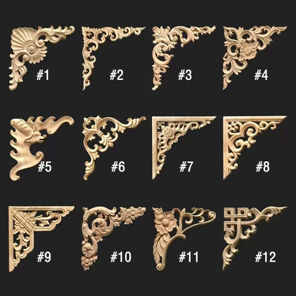 Unpainted Wood Carved Corner Applique Onlay for Wall Molding Decor Wood Onlay Furniture Trim Home Wall Wood Corner flower Wood decal TD43