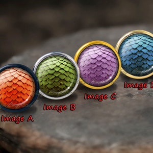 Op de afbeelding: Vier ronde, decoratieve knoppen met een draken schubben ontwerp. De knoppen zijn in verschillende kleuren: oranje, groen, paars en blauw. De knoppen zijn gelabeld Image A, Image B, Image C en Image D.