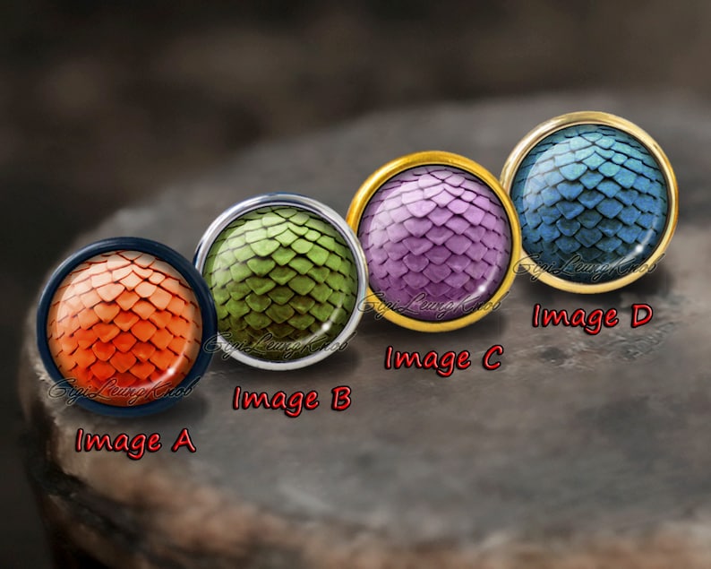 May include: Four round, decorative buttons with a dragon scale design. The buttons are in different colors: orange, green, purple, and blue. The buttons are labeled Image A, Image B, Image C, and Image D.
