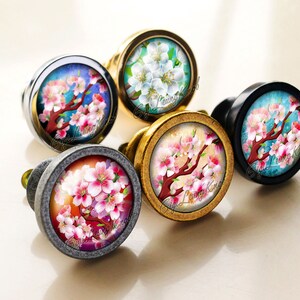 Puede incluir: Cinco pomos decorativos para armario con un diseño floral. Los pomos están hechos de metal y tienen una forma redonda. El diseño floral presenta flores rosas y blancas en una rama. Los pomos son de diferentes colores, incluyendo oro, plata y negro.
