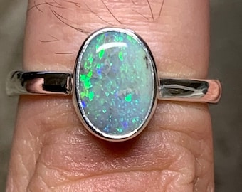Lightning Ridge dark opal ring silver 925 - 54.5 FR Australia / solid sterling 750 gold ring set ring round silver opal Jewelry