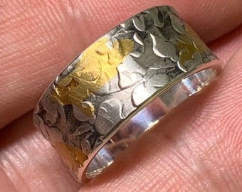 Textured hand forged ring - Keum Boo 950 Silver & 24K Gold 57.5 FR Handmade creation - solid sterling gold fusion band silver patina Jewelry