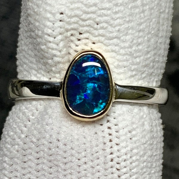 Bague or 18K & argent 53 FR Opale noire  N2 Lightning Ridge Australie / sterling massif 750 gold anneau serti ring round silver opal Bijoux